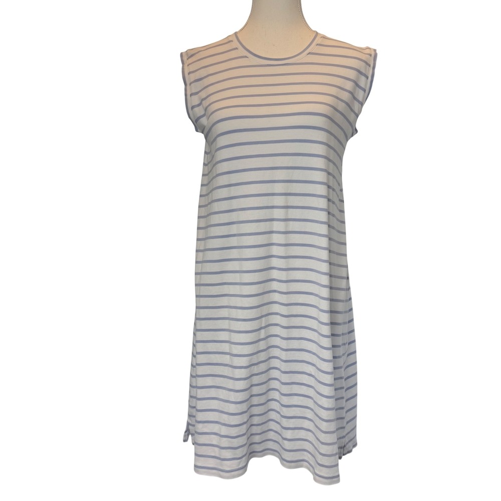LAKE Pajamas Blue White Striped Pima Cotton Sleeveless Nightgown Short Medium